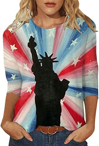 Žene 3/4 rukava s rukavima 4. jula Patriotski print Okrugli vrat Top casual bluza Košulja Trendy Flowy Tee