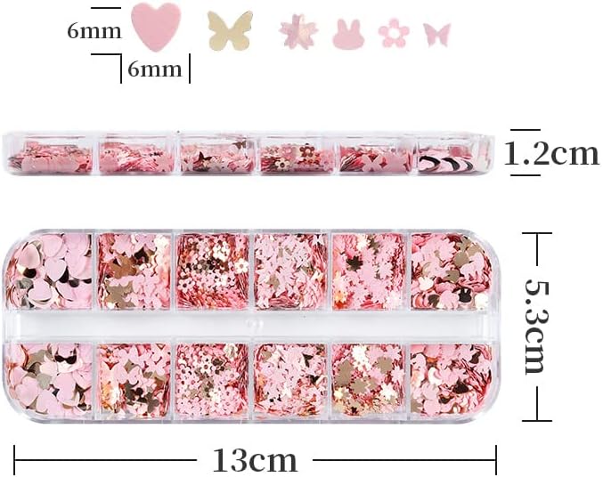 Kachimoo Nail Glitter šljokice, 12 Mreža Gold Pink Nail Glitter Flakes 3D Cherry Blossoms Butterfly Nail