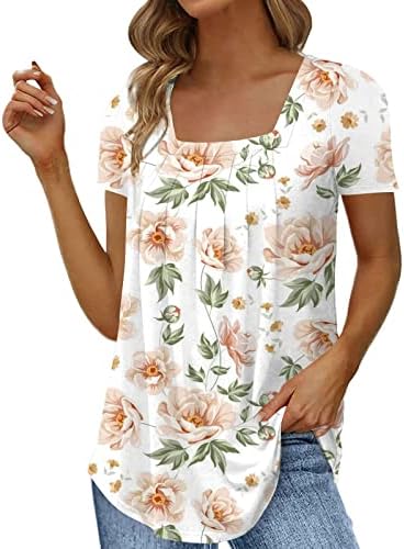 Zlovhe Womens Top, ženska modna casual kvadratna cvjetna majica s kratkim rukavima