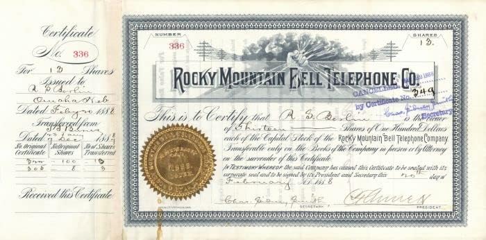 Rocky Mountain Bell Telephone Co. - Certifikat Zaliha