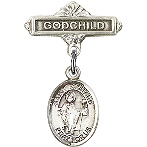 Srebrna značka za bebe sa šarmom St. Richarda i iglom za značku Godchild 1 X 5/8 inča