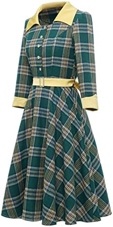 Ženska košulja duga rukava rever 1950-ih Retro Swing haljina karirani print dugme down Audrey koktel haljina
