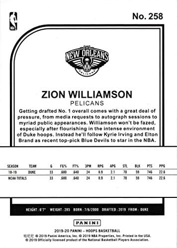 2019-20 Panini NBA Hoops Košarka 258 Zion Williamson Rookie Card Pelicans