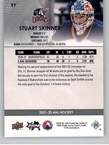 2021-22 Gornja paluba AHL 97 Stuart Skinner RC Rookie Bakersfield Condor Condor hokej trgovačko karta