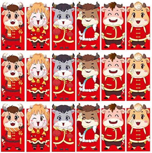 Kesyoo Crvene torbice 18kom 2021 koverte za novac za kinesku Novu godinu Ox uzorak sretni novac džepni Proljetni