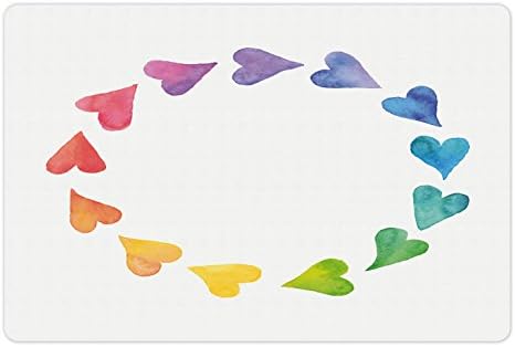 Lunarable Rainbow pet prostirka za hranu i vodu, romantična akvarelna ruka nacrtana srca koja formiraju