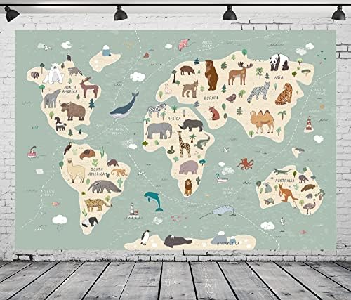 BELECO Kids World Map Backdrop Fabric 20x10ft Cartoon životinje karta pozadina za Baby tuš dekoracije avantura