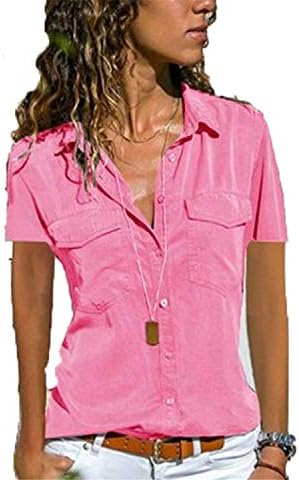 Andongnywell Ženska solidna boja V-izrez kratki rukav na vrhu Dame Top košulja Tors Bluze T majice s džepovima