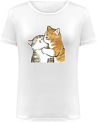 Žene ljetne bijele vrhove slatke mačke grafičke košulje kratki rukav ležerni trendi okrugli izrez labavi