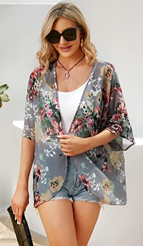 Ženski cvjetni Print puf rukav Kimono kardigan labavi pokrivač Casual bluza